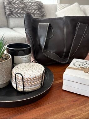 Dark Brown Leather Handbag with Off-White Stitching